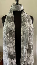 Load image into Gallery viewer, Black gray white bouquet water marbled 8mm Habotai silk.  Hang on the wall, use as a table runner or wear this unique piece