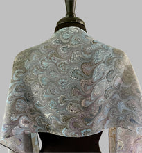 Load image into Gallery viewer, Blue green plum bouquet traditional  water marbled 8mm Habotai silk.  Hang on the wall, use as a table runner or wear this unique piece