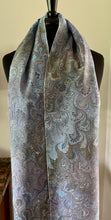 Load image into Gallery viewer, Blue green plum bouquet traditional  water marbled 8mm Habotai silk.  Hang on the wall, use as a table runner or wear this unique piece