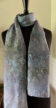 Load image into Gallery viewer, Blue green plum bouquet traditional  water marbled 8mm Habotai silk.  Hang on the wall, use as a table runner or wear this unique piece