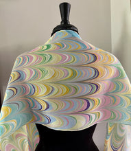 Load image into Gallery viewer, Barbie.  Stripes pink yellow blue water marbled 8mm Habotai silk.  Hang on the wall, use as a table runner or wear this unique piece