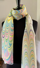 Load image into Gallery viewer, Barbie.  Stripes pink yellow blue water marbled 8mm Habotai silk.  Hang on the wall, use as a table runner or wear this unique piece

