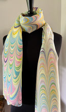Load image into Gallery viewer, Barbie.  Stripes pink yellow blue water marbled 8mm Habotai silk.  Hang on the wall, use as a table runner or wear this unique piece