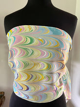 Load image into Gallery viewer, Barbie.  Stripes pink yellow blue water marbled 8mm Habotai silk.  Hang on the wall, use as a table runner or wear this unique piece