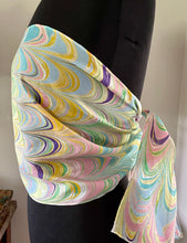 Load image into Gallery viewer, Barbie.  Stripes pink yellow blue water marbled 8mm Habotai silk.  Hang on the wall, use as a table runner or wear this unique piece
