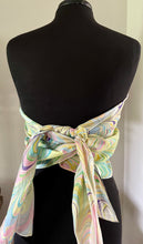 Load image into Gallery viewer, Barbie.  Stripes pink yellow blue water marbled 8mm Habotai silk.  Hang on the wall, use as a table runner or wear this unique piece