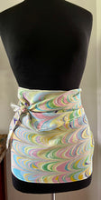 Load image into Gallery viewer, Barbie.  Stripes pink yellow blue water marbled 8mm Habotai silk.  Hang on the wall, use as a table runner or wear this unique piece