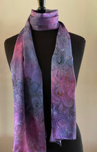 Load image into Gallery viewer, Purple multicolored bouquet marbled Charmeuse Silk 72x14” bold fun. This beautiful silk makes a unique dresser cover and scarf