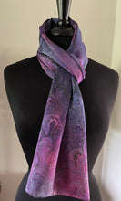 Load image into Gallery viewer, Purple multicolored bouquet marbled Charmeuse Silk 72x14” bold fun. This beautiful silk makes a unique dresser cover and scarf
