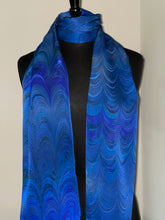 Load image into Gallery viewer, Blue Comb marbled  Charmeuse  Silk 72x14” bold fun. This beautiful silk makes a unique dresser cover and scarf