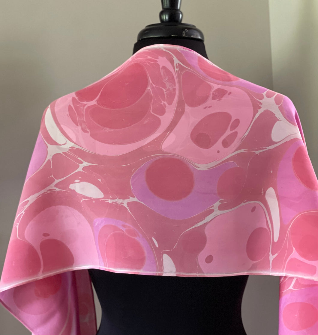Barbie Pink Polka Dots twice marbled Charmeuse  Silk 72x14” bold fun. This beautiful silk makes a unique dresser cover and scarf