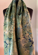 Load image into Gallery viewer, Green Italian Vein marbled  Charmeuse  Silk 72x14” bold fun. This beautiful silk makes a unique dresser cover and scarf