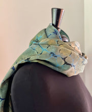 Load image into Gallery viewer, Green Italian Vein marbled  Charmeuse  Silk 72x14” bold fun. This beautiful silk makes a unique dresser cover and scarf