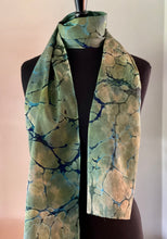 Load image into Gallery viewer, Green Italian Vein marbled  Charmeuse  Silk 72x14” bold fun. This beautiful silk makes a unique dresser cover and scarf
