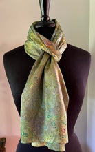 Load image into Gallery viewer, Chartreuse bouquet Charmeuse  Silk 72x14” bold fun. This beautiful silk makes a unique dresser cover and scarf