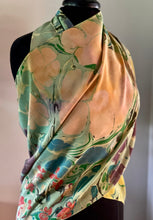 Load image into Gallery viewer, Klimt Flower Shawl Crepe de chine 72x22” bold fun. This beautiful silk makes.  a unique dresser cover and scarf