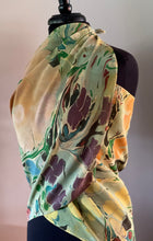 Load image into Gallery viewer, Klimt Flower Shawl Crepe de chine 72x22” bold fun. This beautiful silk makes.  a unique dresser cover and scarf