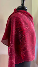 Load image into Gallery viewer, Red comb pattern shawl. . Crepe de chine 72x22” bold fun. This beautiful silk makes a unique dresser cover and scarf