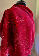 Load image into Gallery viewer, Red comb pattern shawl. . Crepe de chine 72x22” bold fun. This beautiful silk makes a unique dresser cover and scarf