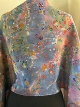 Load image into Gallery viewer, Blue multi colored stone shawl. .  Crepe de chine 72x22” bold fun. This beautiful silk makes a unique dresser cover and scarf