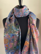 Load image into Gallery viewer, Blue multi colored stone shawl. .  Crepe de chine 72x22” bold fun. This beautiful silk makes a unique dresser cover and scarf