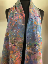 Load image into Gallery viewer, Blue multi colored stone shawl. .  Crepe de chine 72x22” bold fun. This beautiful silk makes a unique dresser cover and scarf