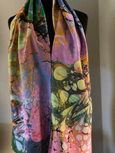 Load image into Gallery viewer, Summer color twice marbled Charmeuse Silk 72x14” bold fun. This beautiful silk makes a unique dresser cover and scarf