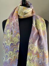 Load image into Gallery viewer, Purple yellow bouquet water marbled 8mm Habotai silk. Hang on the wall, use as a table runner or wear this unique piece