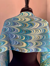 Load image into Gallery viewer, Stripes of blue green yellow water marbled 8mm Habotai silk. Hang on the wall, use as a table runner or wear this unique piece