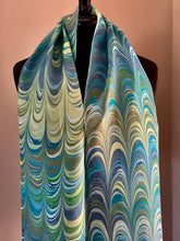 Load image into Gallery viewer, Stripes of blue green yellow water marbled 8mm Habotai silk. Hang on the wall, use as a table runner or wear this unique piece