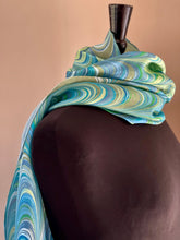 Load image into Gallery viewer, Stripes of blue green yellow water marbled 8mm Habotai silk. Hang on the wall, use as a table runner or wear this unique piece