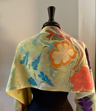 Load image into Gallery viewer, Klimt’s Flowers Multidyed Charmeuse Silk 72x14” bold fun. This beautiful silk makes a unique dresser cover and scarf