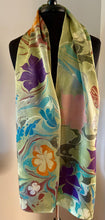Load image into Gallery viewer, Klimt’s Flowers Multidyed Charmeuse Silk 72x14” bold fun. This beautiful silk makes a unique dresser cover and scarf
