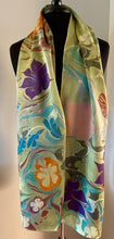 Load image into Gallery viewer, Klimt’s Flowers Multidyed Charmeuse Silk 72x14” bold fun. This beautiful silk makes a unique dresser cover and scarf