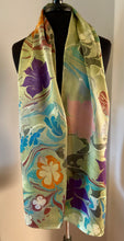 Load image into Gallery viewer, Klimt’s Flowers Multidyed Charmeuse Silk 72x14” bold fun. This beautiful silk makes a unique dresser cover and scarf