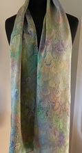 Load image into Gallery viewer, Chartreuse bouquet Charmeuse  Silk 72x14” spring delight.  This beautiful silk makes a unique dresser cover and scarf