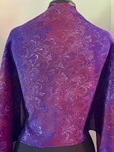 Load image into Gallery viewer, Purple bouquet two sided shawl. . Crepe de chine 72x22” bold fun. This beautiful silk makes a unique dresser cover and scarf.