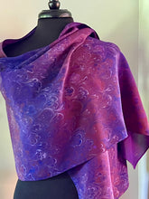 Load image into Gallery viewer, Purple bouquet two sided shawl. . Crepe de chine 72x22” bold fun. This beautiful silk makes a unique dresser cover and scarf.