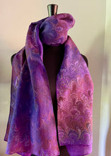 Load image into Gallery viewer, Purple bouquet two sided shawl. . Crepe de chine 72x22” bold fun. This beautiful silk makes a unique dresser cover and scarf.