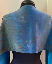 Load image into Gallery viewer, Blue bouquet Charmeuse Silk 72x14” bold fun. This beautiful silk makes a unique dresser cover and scarf