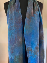 Load image into Gallery viewer, Blue bouquet Charmeuse Silk 72x14” bold fun. This beautiful silk makes a unique dresser cover and scarf