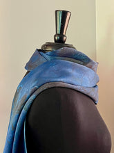 Load image into Gallery viewer, Blue bouquet Charmeuse Silk 72x14” bold fun. This beautiful silk makes a unique dresser cover and scarf