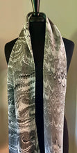 Load image into Gallery viewer, Twice marbled black & white combed pattern Charmeuse Silk 72x14” bold fun. This beautiful silk makes a unique dresser cover and scarf