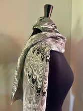 Load image into Gallery viewer, Twice marbled black & white combed pattern Charmeuse Silk 72x14” bold fun. This beautiful silk makes a unique dresser cover and scarf