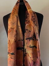 Load image into Gallery viewer, Orange Italian Vein marbled Charmeuse Silk 72x14” bold fun. This beautiful silk makes a unique dresser cover, tapestry and scarf .