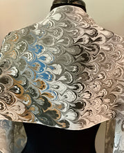 Load image into Gallery viewer, Black gray white bouquet water marbled 8mm Habotai silk.  Hang on the wall, use as a table runner or wear this unique piece .