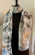 Load image into Gallery viewer, Black gray white bouquet water marbled 8mm Habotai silk.  Hang on the wall, use as a table runner or wear this unique piece .