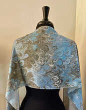 Load image into Gallery viewer, Blue & black bouquet  water marbled 8mm Habotai silk.  Hang on the wall, use  as a table runner or wear this unique piece .