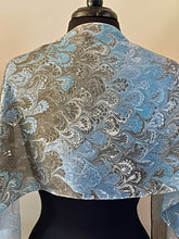 Load image into Gallery viewer, Blue & black bouquet  water marbled 8mm Habotai silk.  Hang on the wall, use  as a table runner or wear this unique piece .