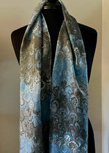 Load image into Gallery viewer, Blue & black bouquet  water marbled 8mm Habotai silk.  Hang on the wall, use  as a table runner or wear this unique piece .